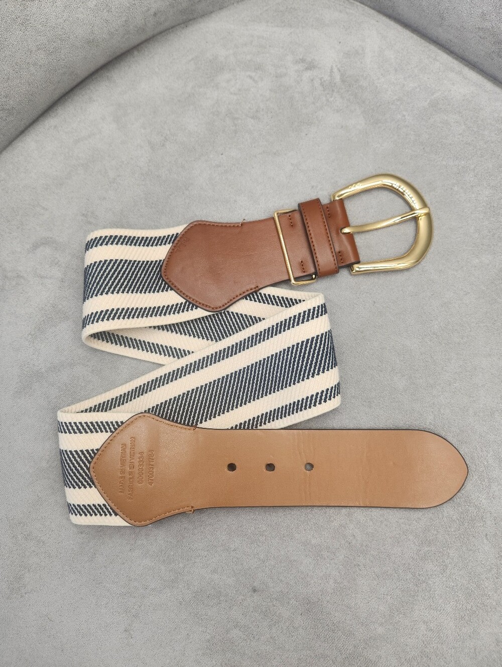 Ralph Lauren RLL Belt Women's M Tan Ivory Blue Striped Wide Elastic Logo Preppy